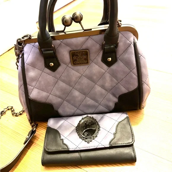 Nightmare Before Christmas Purple and Black Quilted Handbag and Wallet Set - Picture 1 of 8